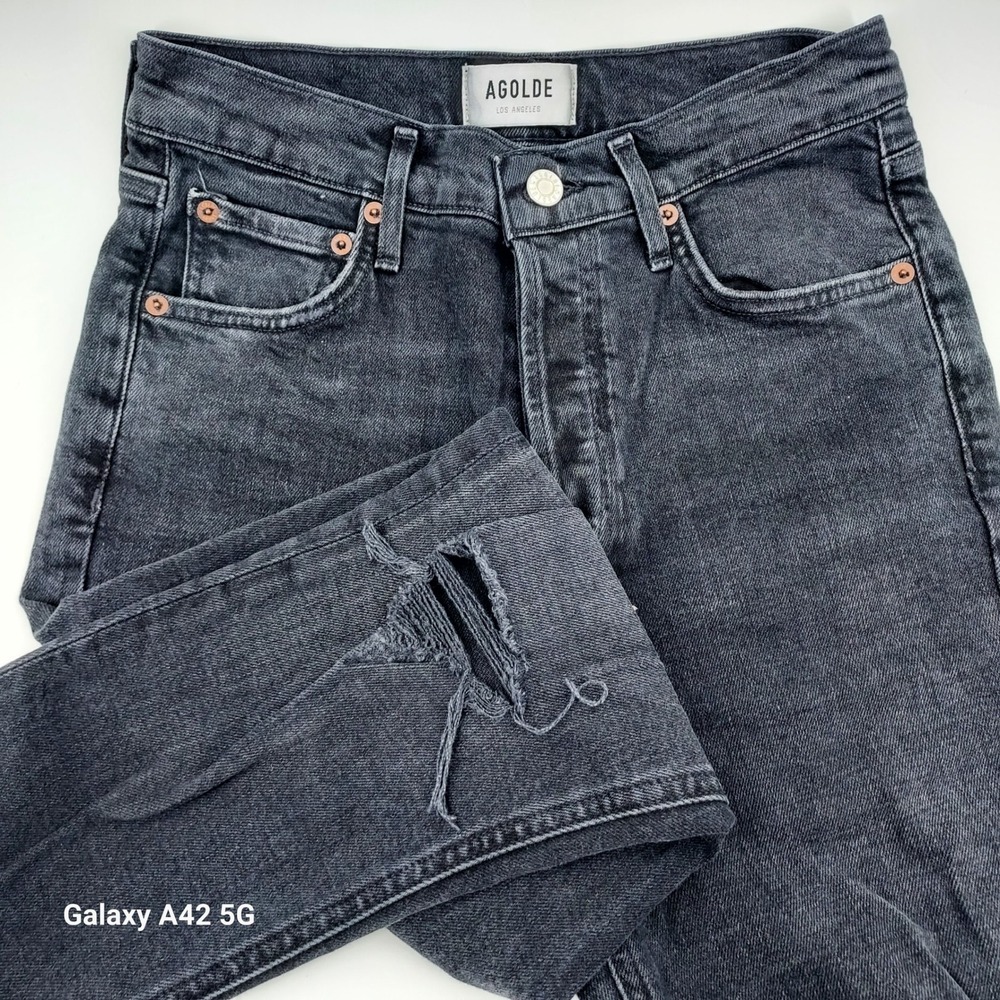 AGOLDE Nico High Rise Straight Leg Jeans Black Distressed Button Fly‎ Size 26
